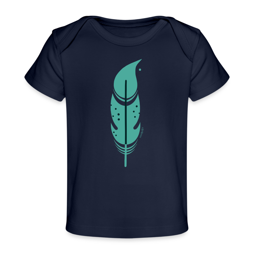 Organic Baby T-Shirt - Green Feather - dark navy