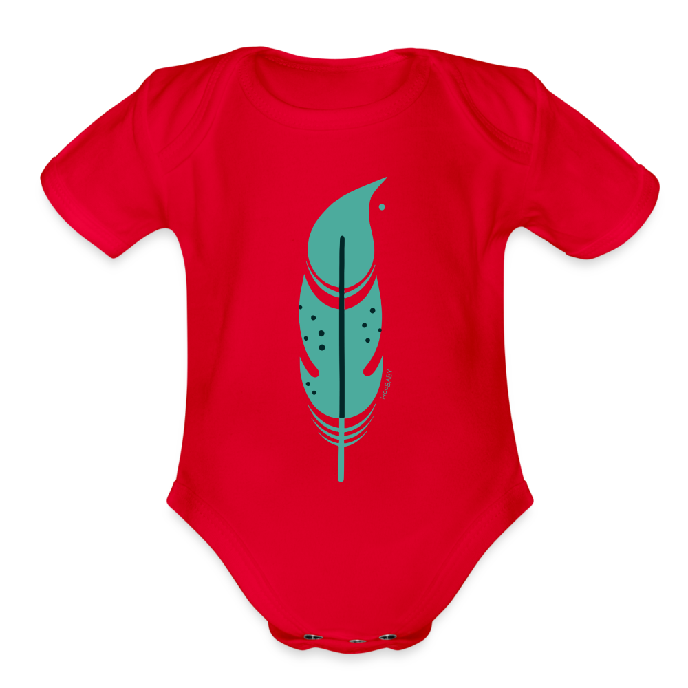 Organic Baby Bodysuit - Green Feather - red