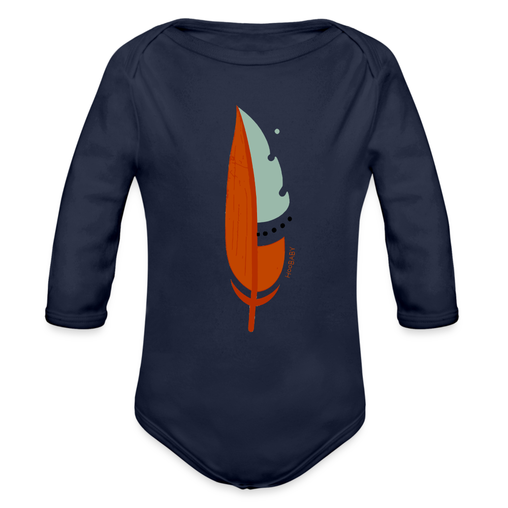 Organic Long Sleeve Baby Bodysuit - Red Feather - dark navy