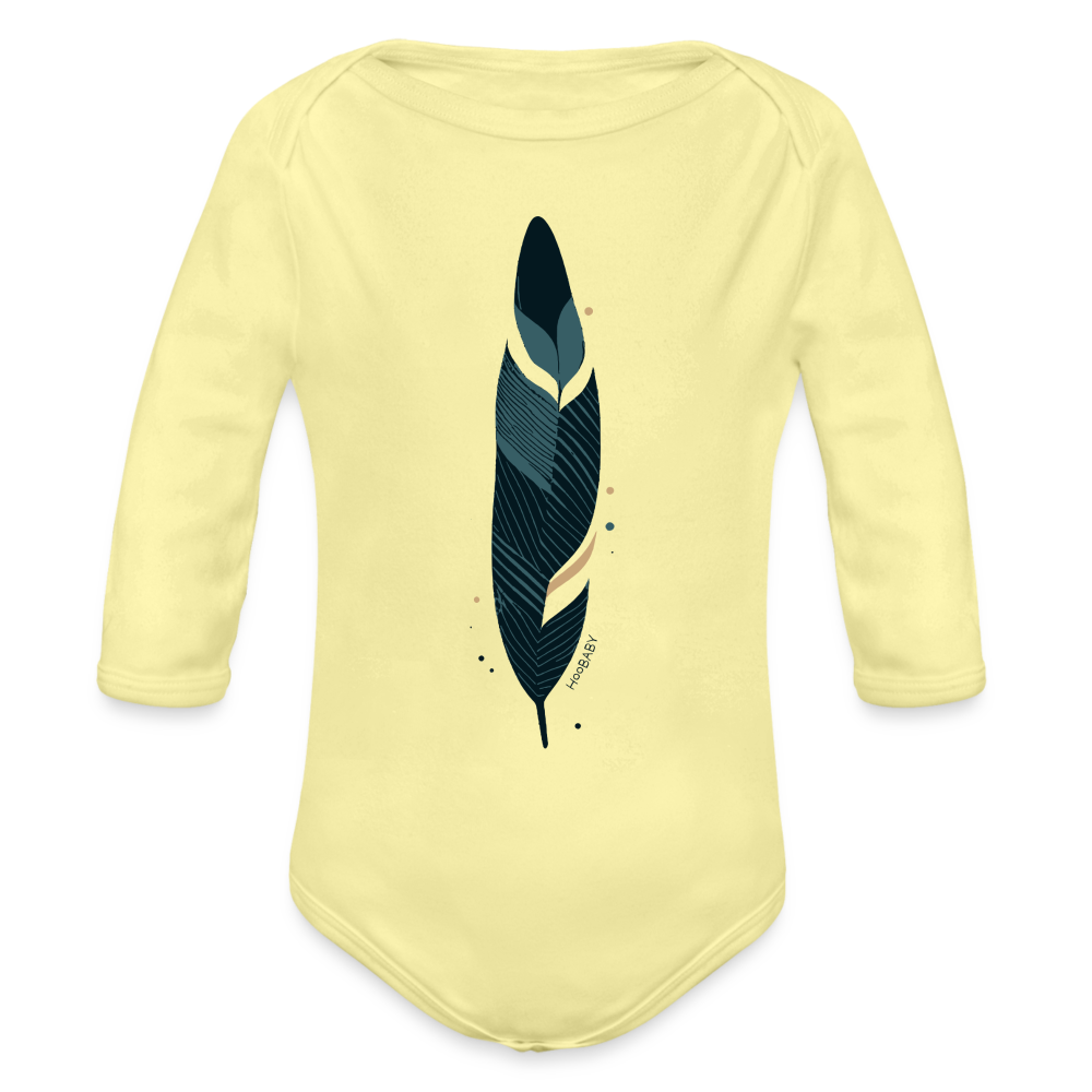 Organic Long Sleeve Baby Bodysuit - Blue Feather - washed yellow