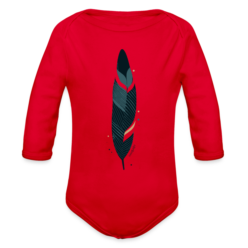 Organic Long Sleeve Baby Bodysuit - Blue Feather - red