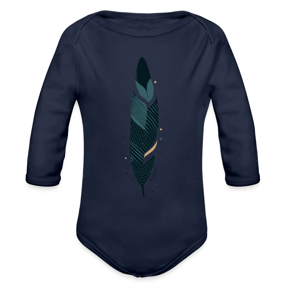 Organic Long Sleeve Baby Bodysuit - Blue Feather - dark navy