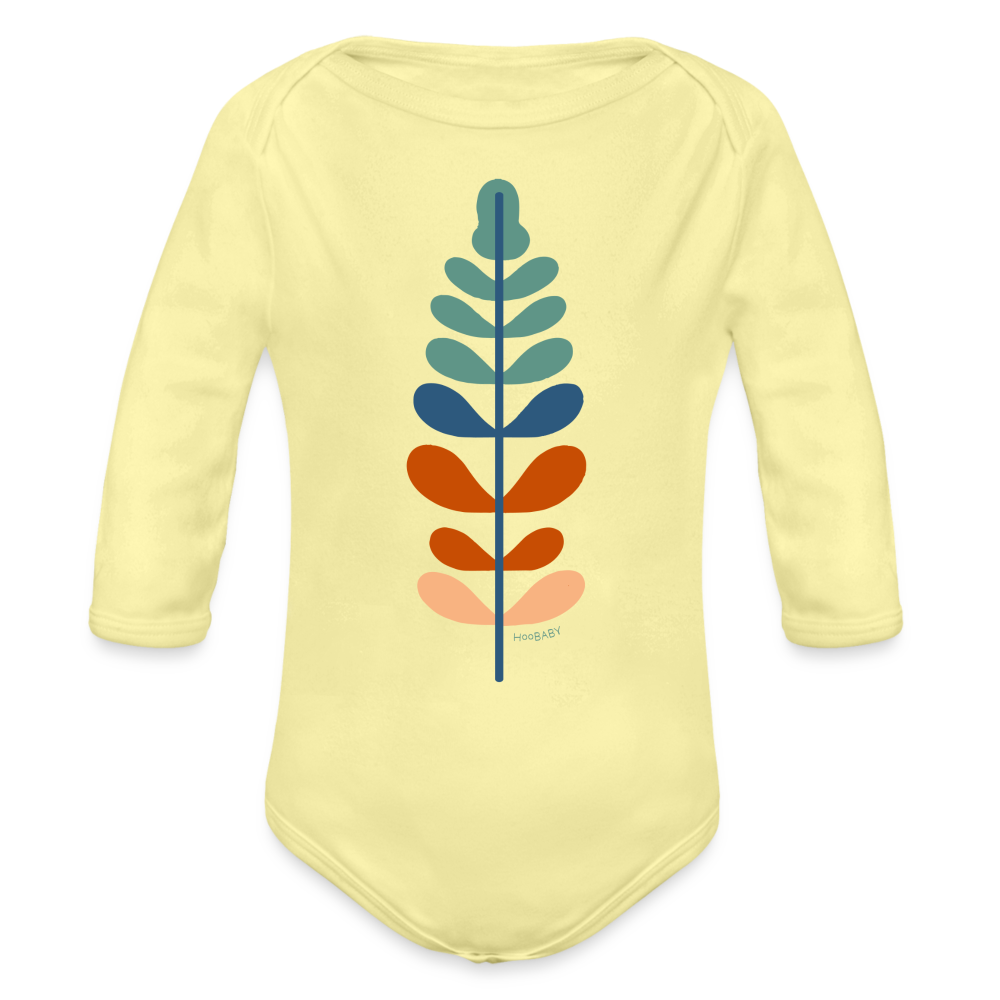 Organic Long Sleeve Baby Bodysuit - Rainbow Feather - washed yellow