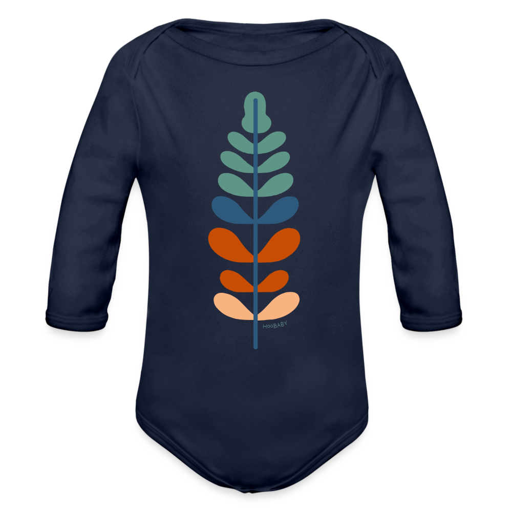 Organic Long Sleeve Baby Bodysuit - Rainbow Feather - dark navy