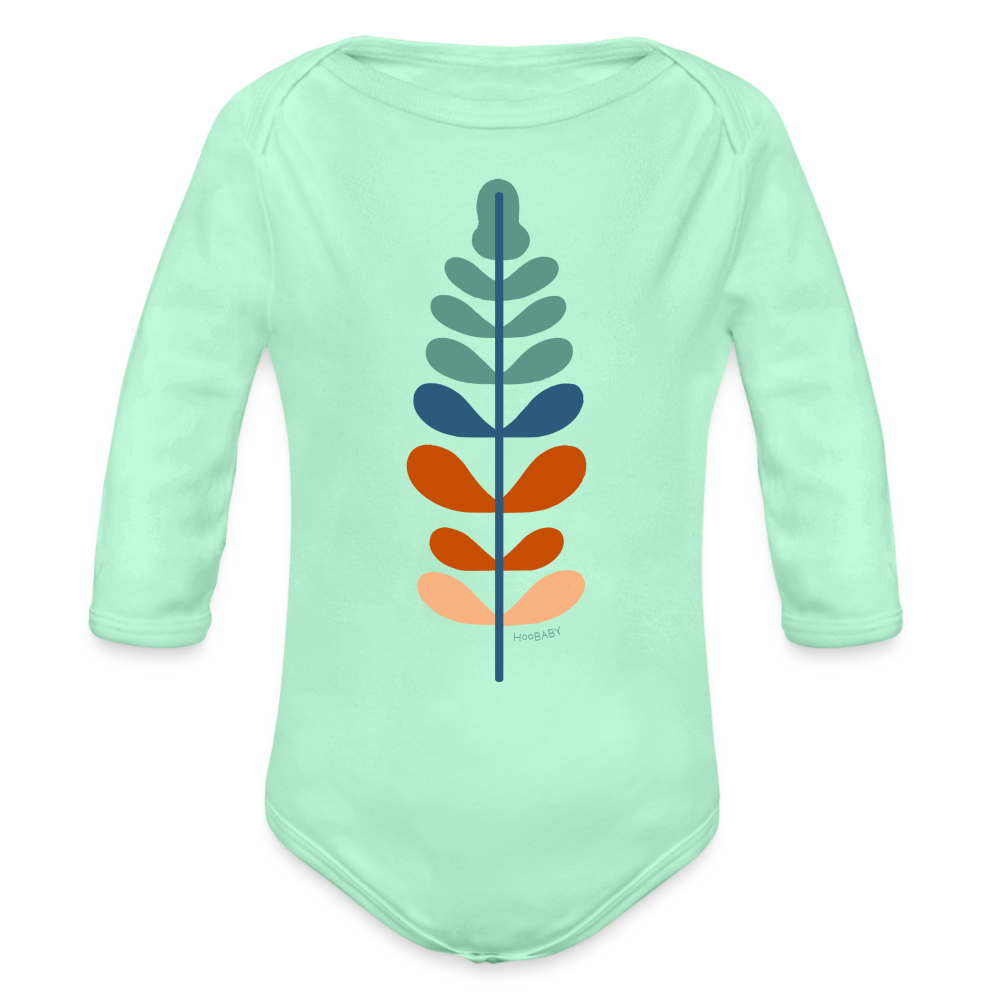 Organic Long Sleeve Baby Bodysuit - Rainbow Feather - light mint