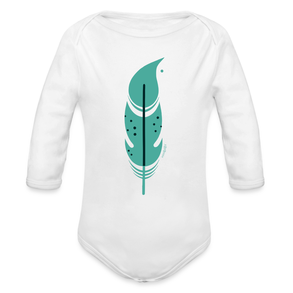 Organic Long Sleeve Bodysuit - Green Feather - white