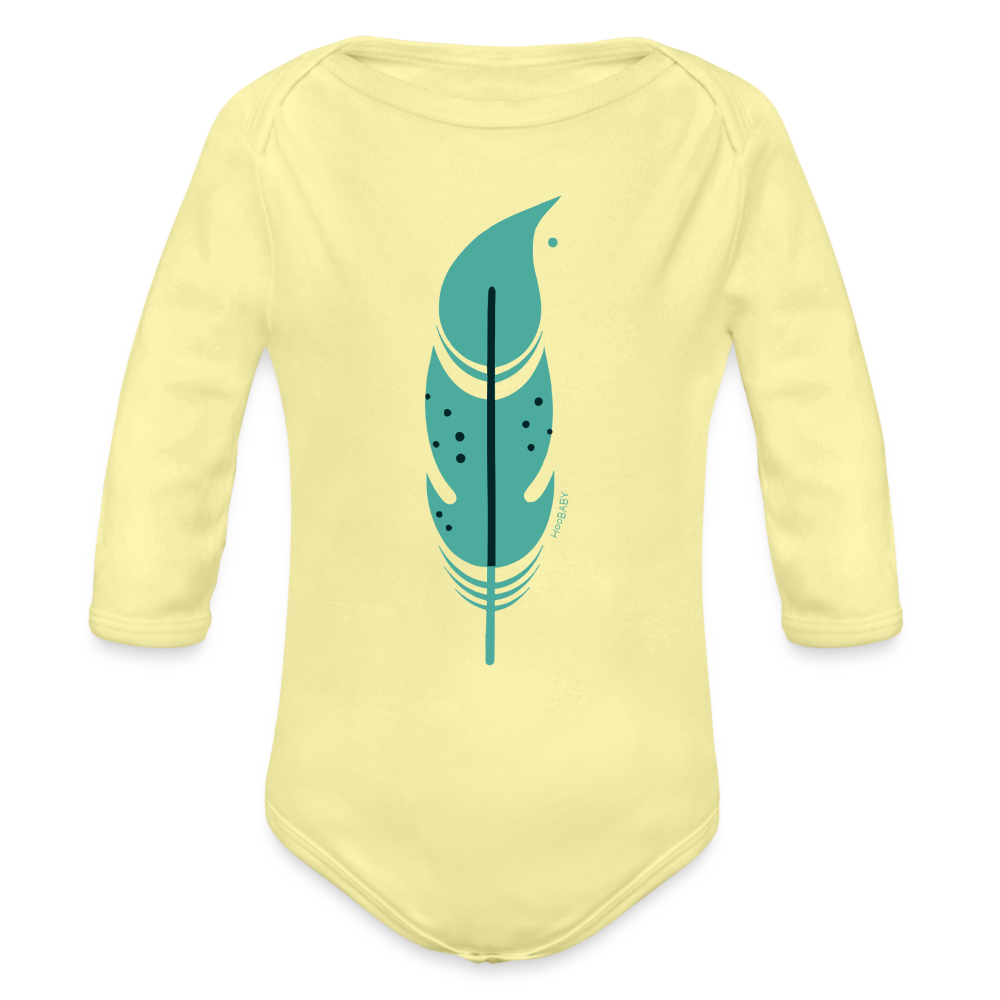 Organic Long Sleeve Bodysuit - Green Feather - washed yellow