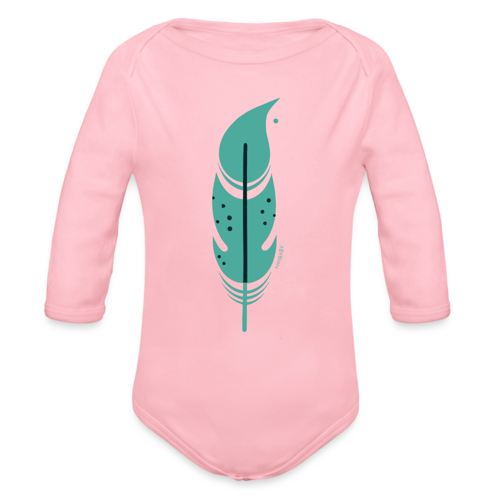 Organic Long Sleeve Bodysuit - Green Feather - light pink