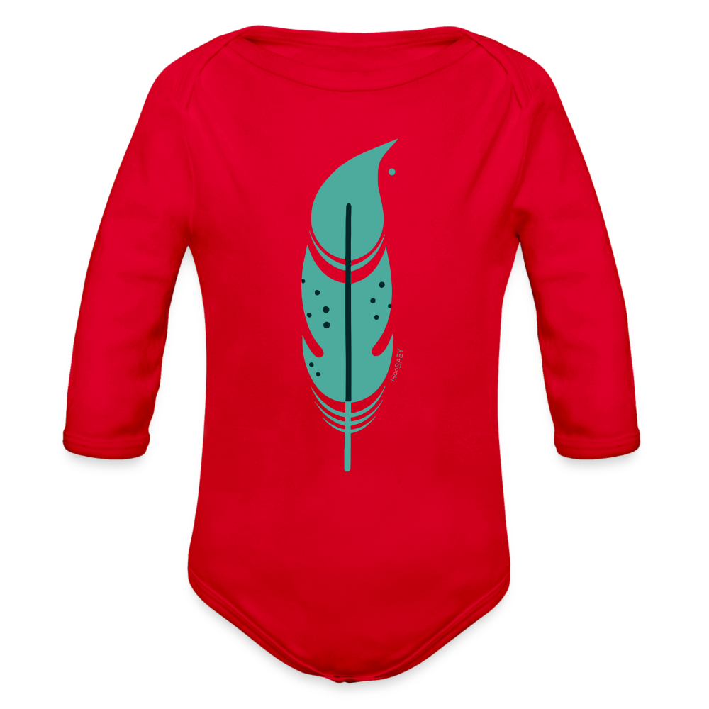 Organic Long Sleeve Bodysuit - Green Feather - red