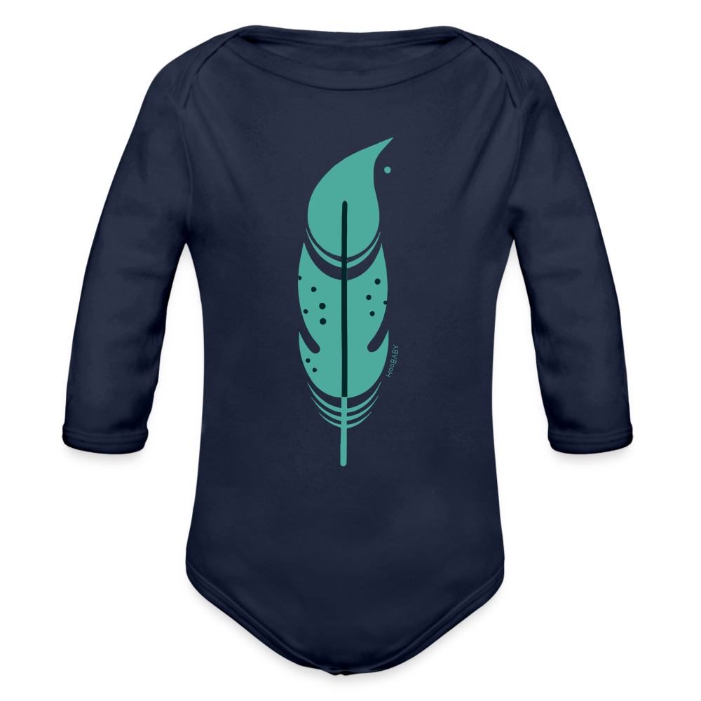 Organic Long Sleeve Bodysuit - Green Feather - dark navy