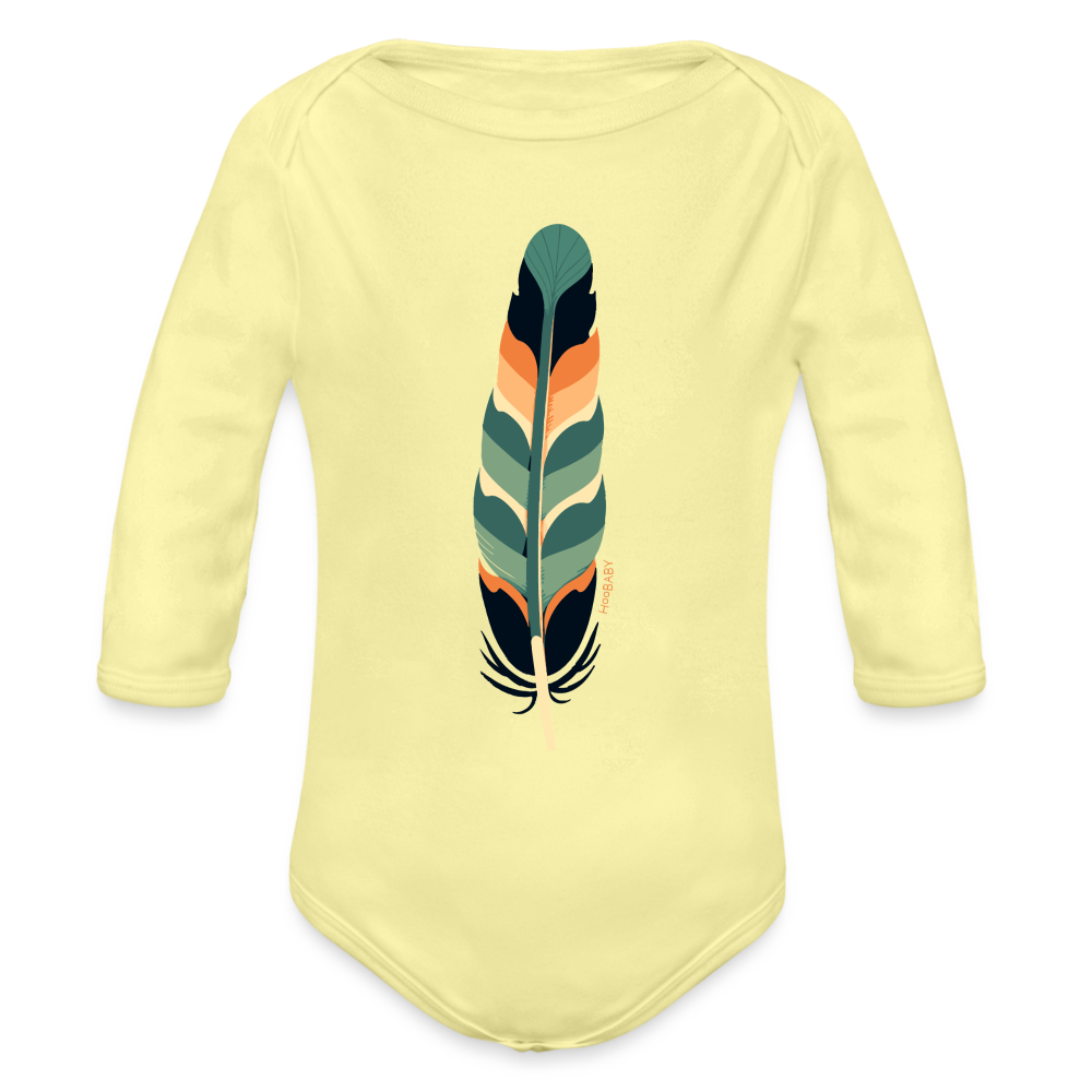 Organic Long Sleeve Baby Bodysuit - Multicolor Feather - washed yellow