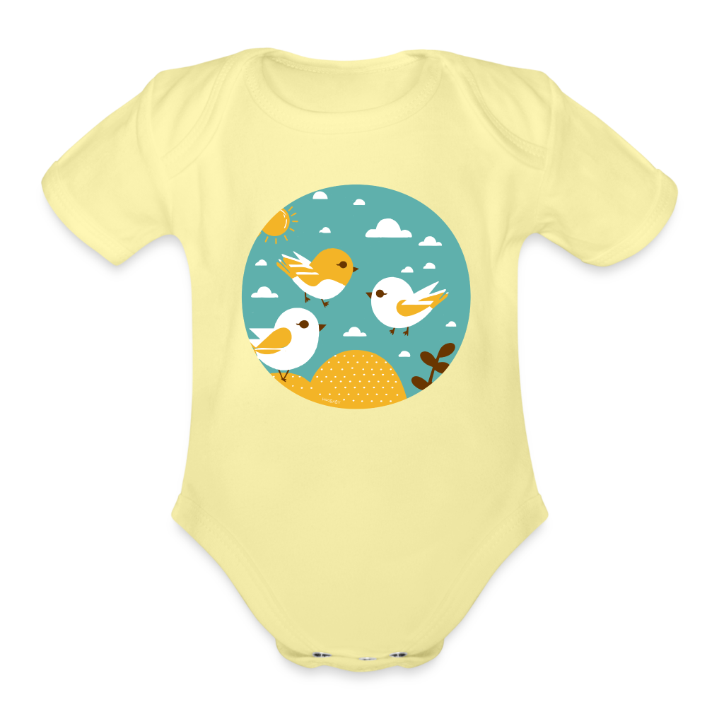 Organic Short Sleeve Baby Bodysuit - Sunshine Birds - washed yellow