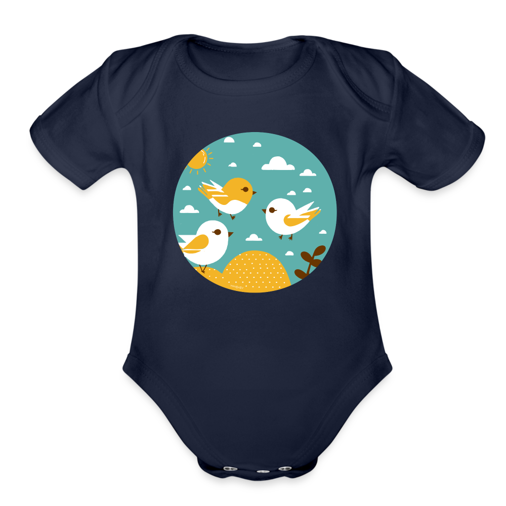 Organic Short Sleeve Baby Bodysuit - Sunshine Birds - dark navy