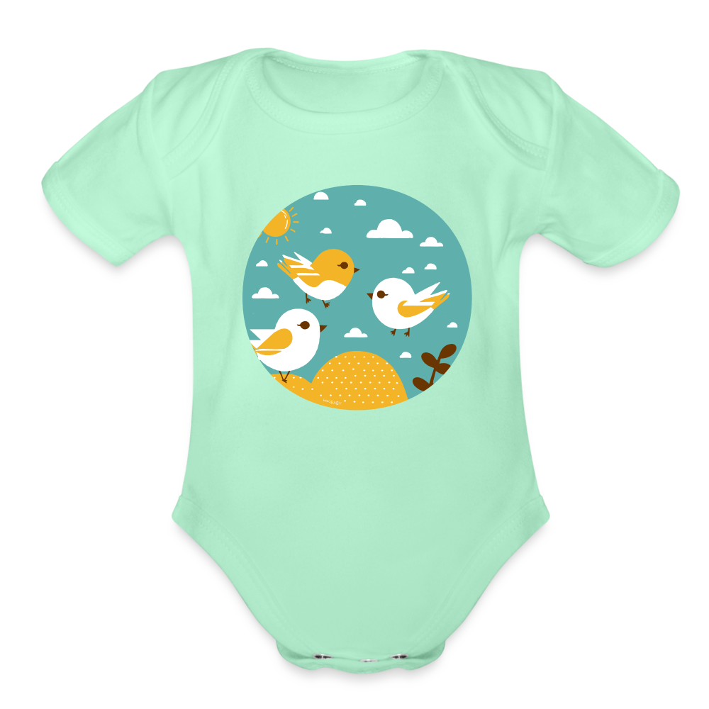 Organic Short Sleeve Baby Bodysuit - Sunshine Birds - light mint