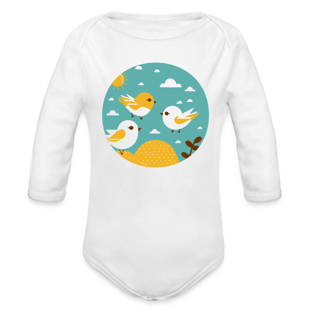 Organic Long Sleeve Baby Bodysuit - Sunshine Birds - white