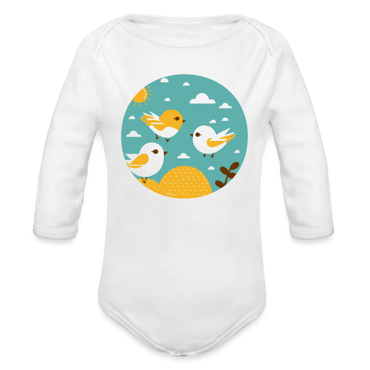 Organic Long Sleeve Baby Bodysuit - Sunshine Birds - white