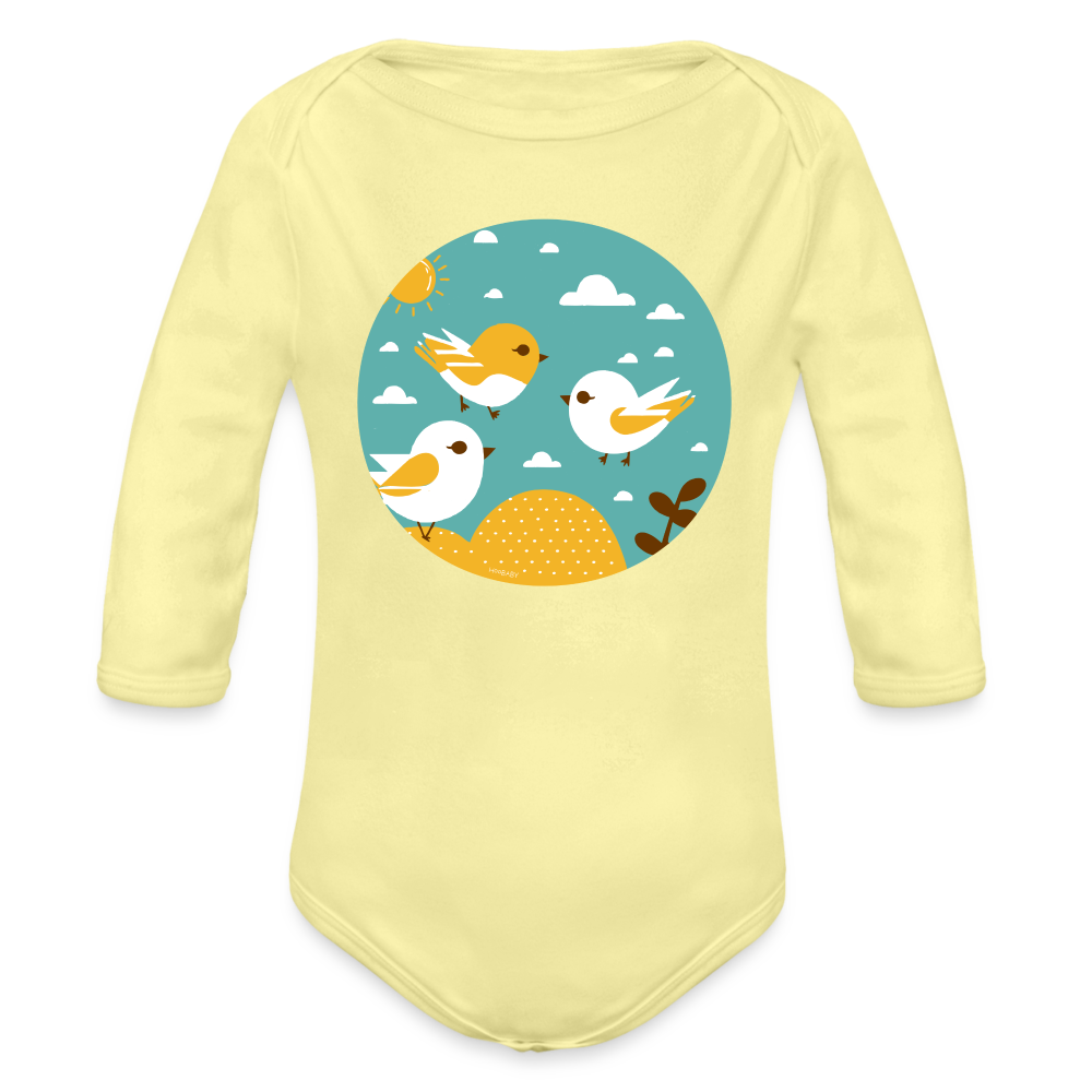 Organic Long Sleeve Baby Bodysuit - Sunshine Birds - washed yellow