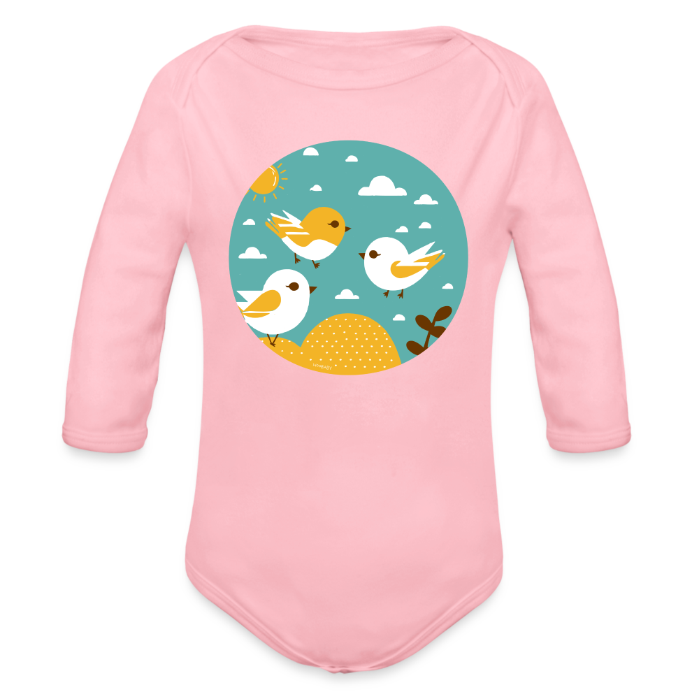 Organic Long Sleeve Baby Bodysuit - Sunshine Birds - light pink