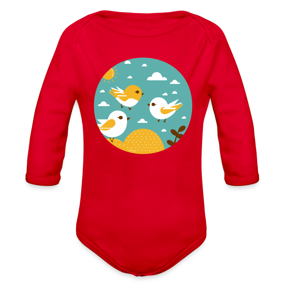 Organic Long Sleeve Baby Bodysuit - Sunshine Birds - red