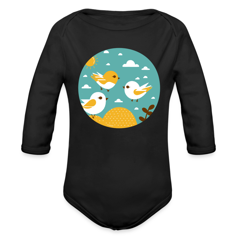 Organic Long Sleeve Baby Bodysuit - Sunshine Birds - black