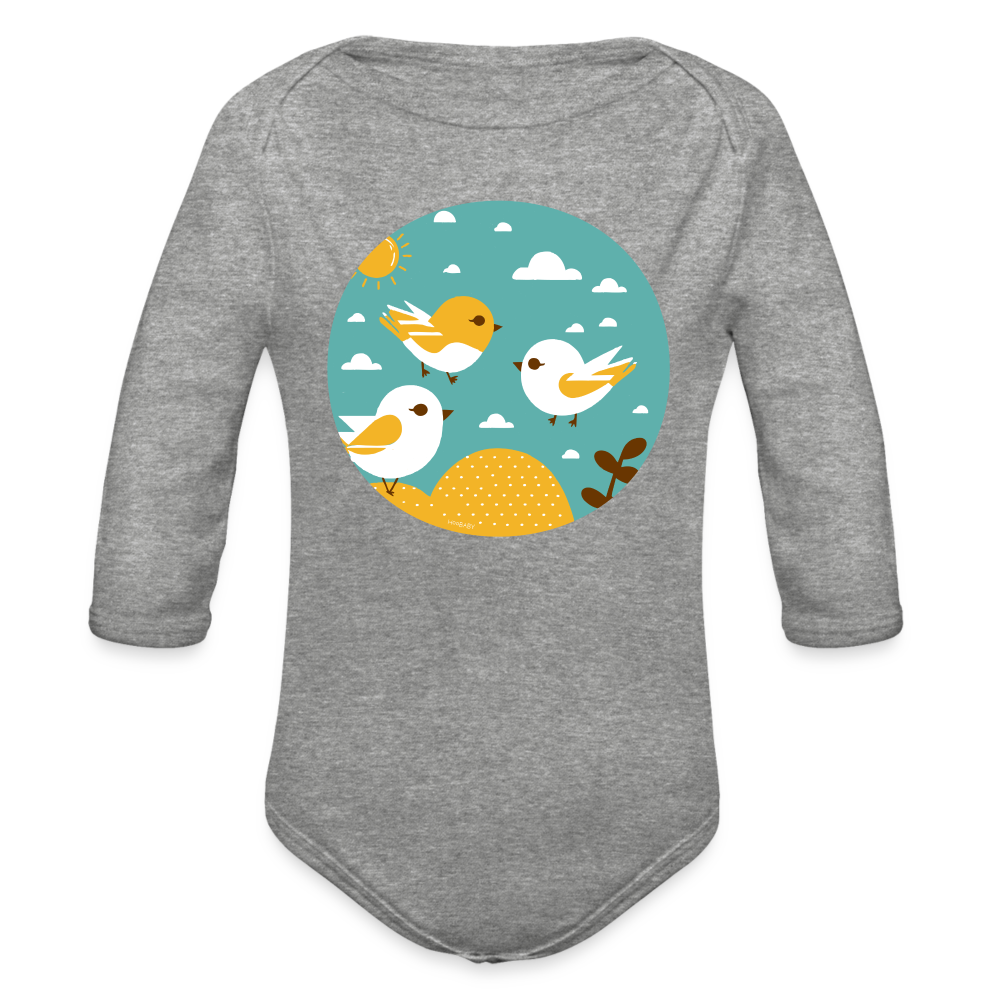 Organic Long Sleeve Baby Bodysuit - Sunshine Birds - heather grey