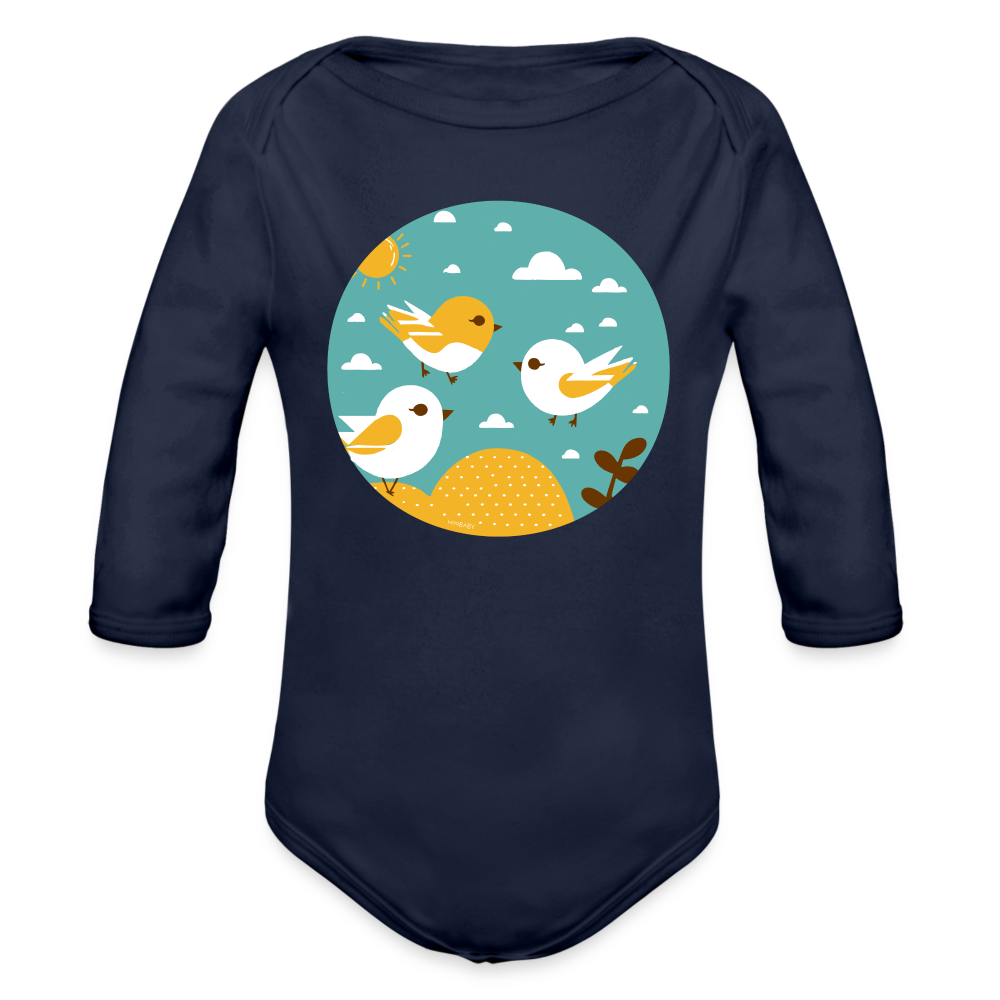 Organic Long Sleeve Baby Bodysuit - Sunshine Birds - dark navy