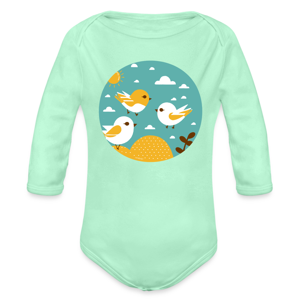 Organic Long Sleeve Baby Bodysuit - Sunshine Birds - light mint